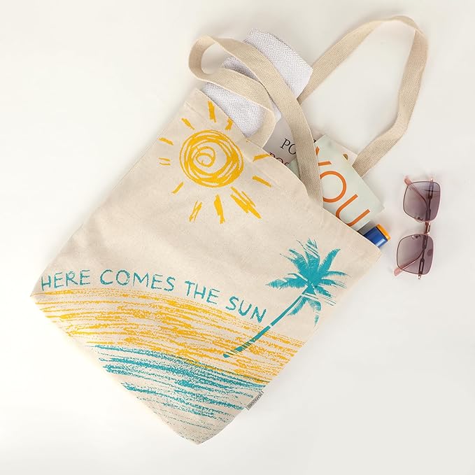 SKAPADORO Tote Bag 100% Cotton, Natural Ecofriendly Basic Canvas Bag for Travel, College, Beach, Shopping, Grocery, Vegetable Bag - Sun/Beach; Judging Plastic Bag & Origami Design