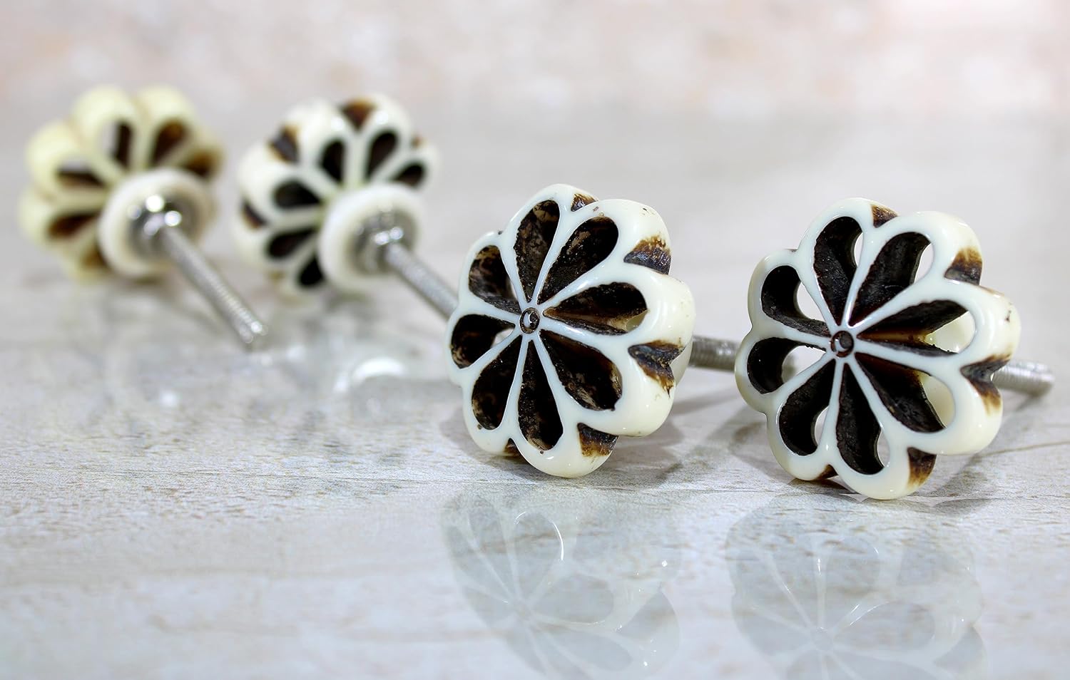 eSplanade Cupboard Cabinet Door Decorative Knobs - Set of 4 | Drawer Handles Cupboard Pulls Almirah Hooks | Round-Floral - Acrylic Plastic - Diameter 4 cms - White-Black (Floral Knob 1-12)