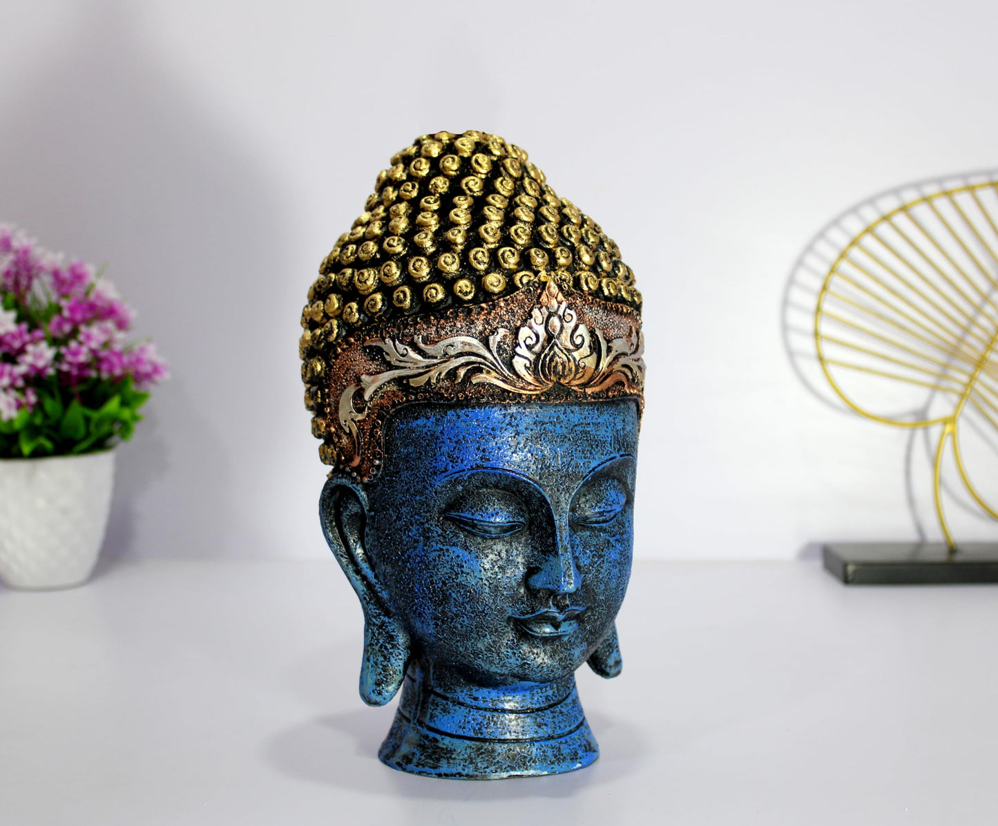 eSplanade Buddha Head Statue for Home Decor | Resin Buddha Face Showpiece for Living Room, Meditation, Office Table Desk, Shelf | Tibetan Buddhist Idol | Zen or Yoga Figurine Gifts | Blue, 12 Inch