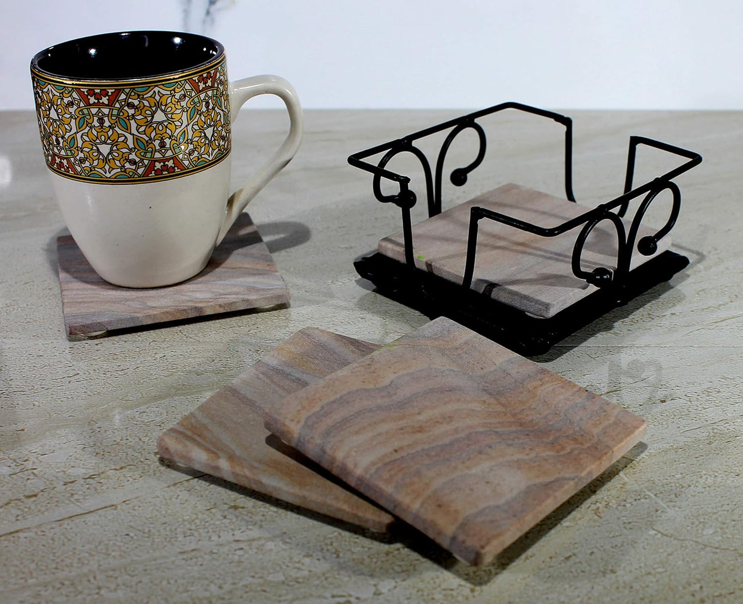 KLEO Sand Stone Tea Coffee Coasters Set with Wrought Iron Holder (Square) (Sand, Grey Colour)