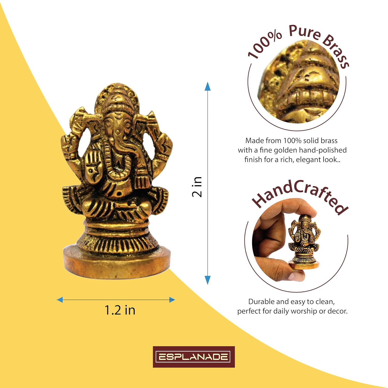 ESPLANADE Brass Ganesha Idol | Home Decor | Ganesh Ganesha | Bal Ganesh | Ganpati Ganapati Murti Statue - 2 inches