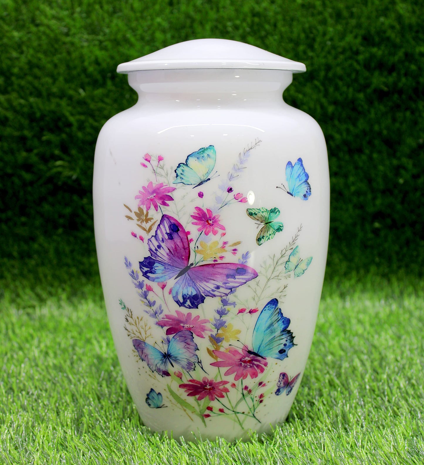 eSplanade Metal Cremation Urn Memorial Jar Pot Container | Full Size Urn for Funeral Ashes Burial | Colorful Butterflies Print | White - 10" Inches