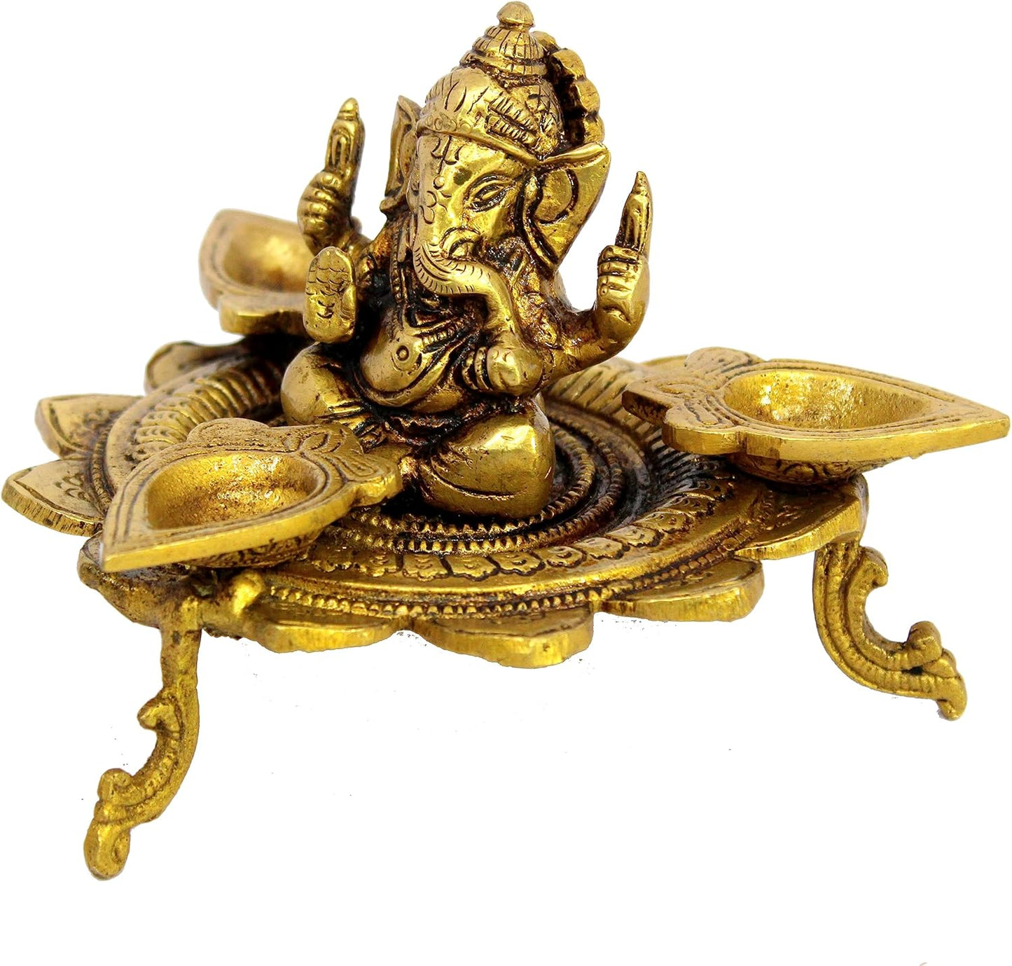 eSplanade Brass Ganesha Ganesh Murti Idol on Lotus with Three Leaves Design Diya Deepak Showpiece - Golden - 4" Inches