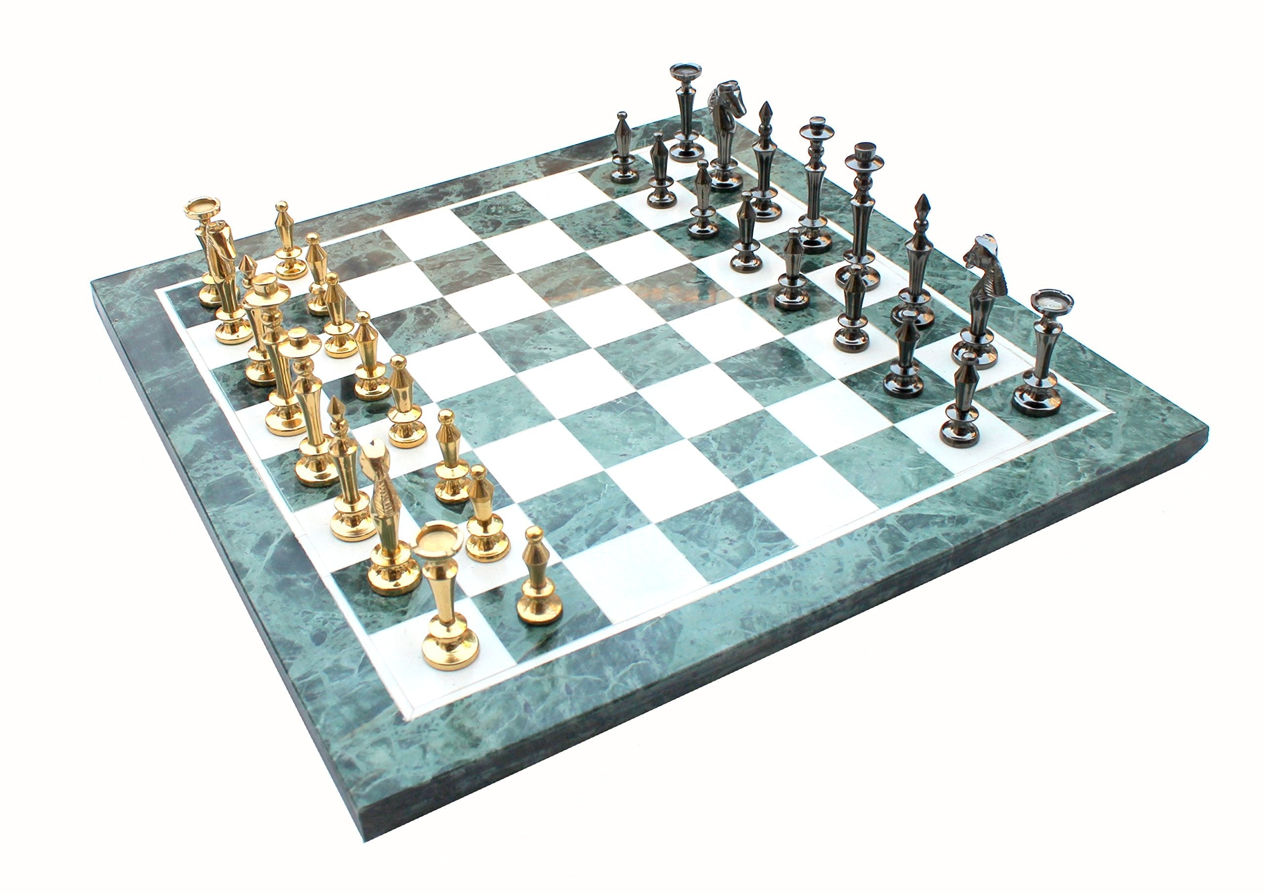 StonKraft Collectible Green Marble Chess Board Set + Brass Wooden Combo Pieces Pawns - Decorative Stone Chess - Home Decor