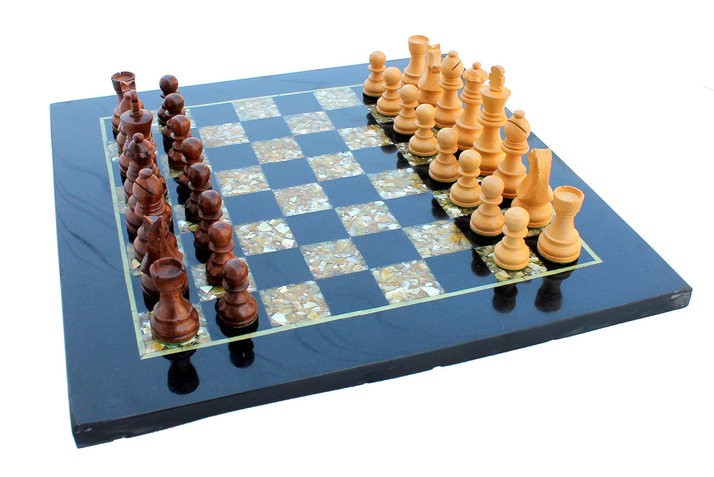 StonKraft Collectible Black Marble and (MOP) Mother of Pearl Chess Board Set + Wooden Chess Pieces - Decorative Stone Chess - Home DŽcor - 15" Inches