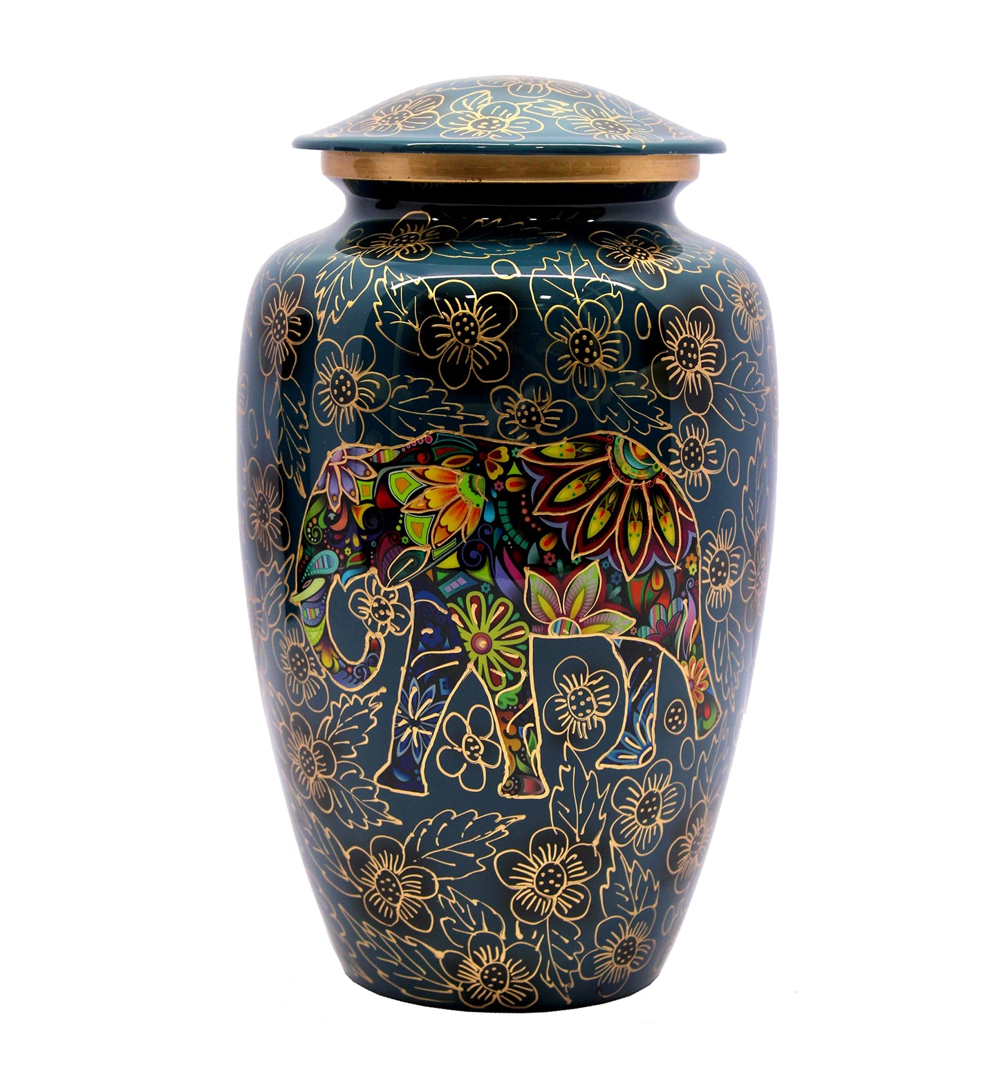 eSplanade Metal Cremation Urn Memorial Jar Pot Container | Full Size Urn for Funeral Ashes Burial | Elephant and Flowers Printed Metal Urn | Blue-Multi - 10" Inches