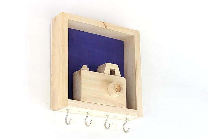 ESPLANADE Wooden Key Holder Handcrafted Hand-Spun Khadi Key Holder - Compact Decorative Camera Design Wall Hooks in Blue - Made by Artisans