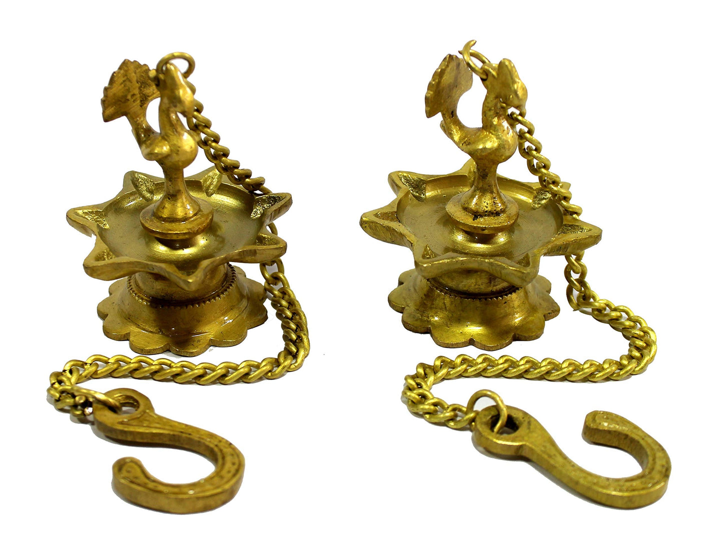 Esplanade Brass Peacock Wall Hanging Diya Oil Lamp with Chain - Set of 2 - 3.5" Inches (H) Small - Golden