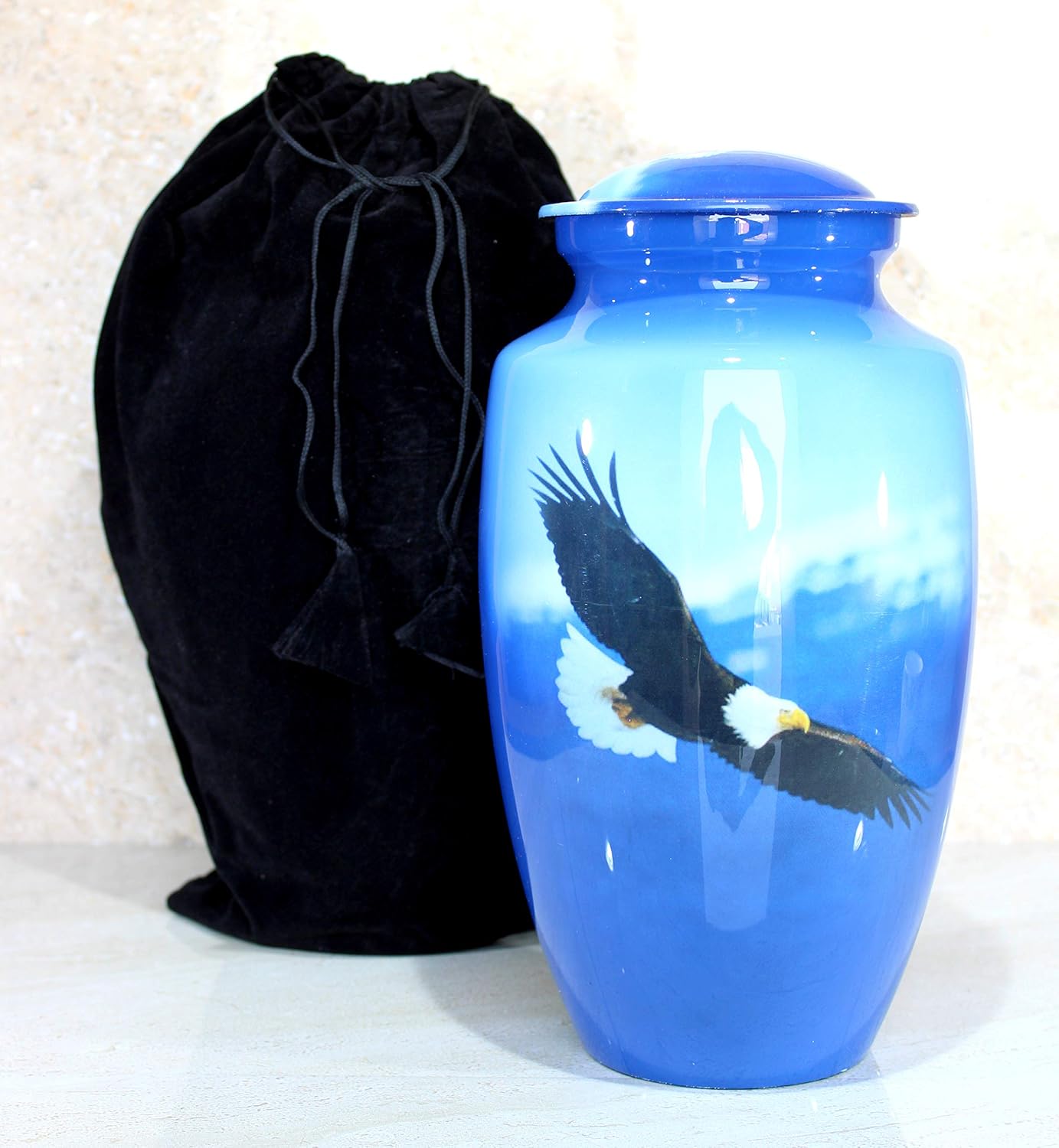 eSplanade Metal Cremation Urn Memorial Jar Pot Container | Full Size Urn for Funeral Ashes Burial | Falcon Printed Urn | Blue - 10" Inches