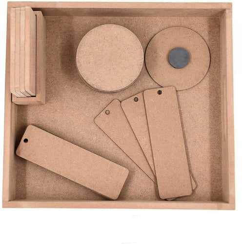 IVEI DIY MDF Rectangular Tray Pack with 4 Coaster with Stand, 10 Round Magnets and 10 Bookmarks