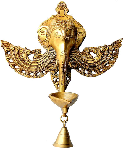 eSplanade - 11" Ganesha Oil Lamp Brass Wall Hanging Diya | Home Decor | Brass Diya | Brass Deepam | Brass Lamps | Kuthu Vilakku | Nila Vilakku