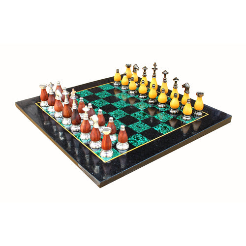 StonKraft Collectible Black Marble and Malachite Chess Board Set + Wooden Brass Combo Chess Pieces - Decorative Stone Chess - Home Decor