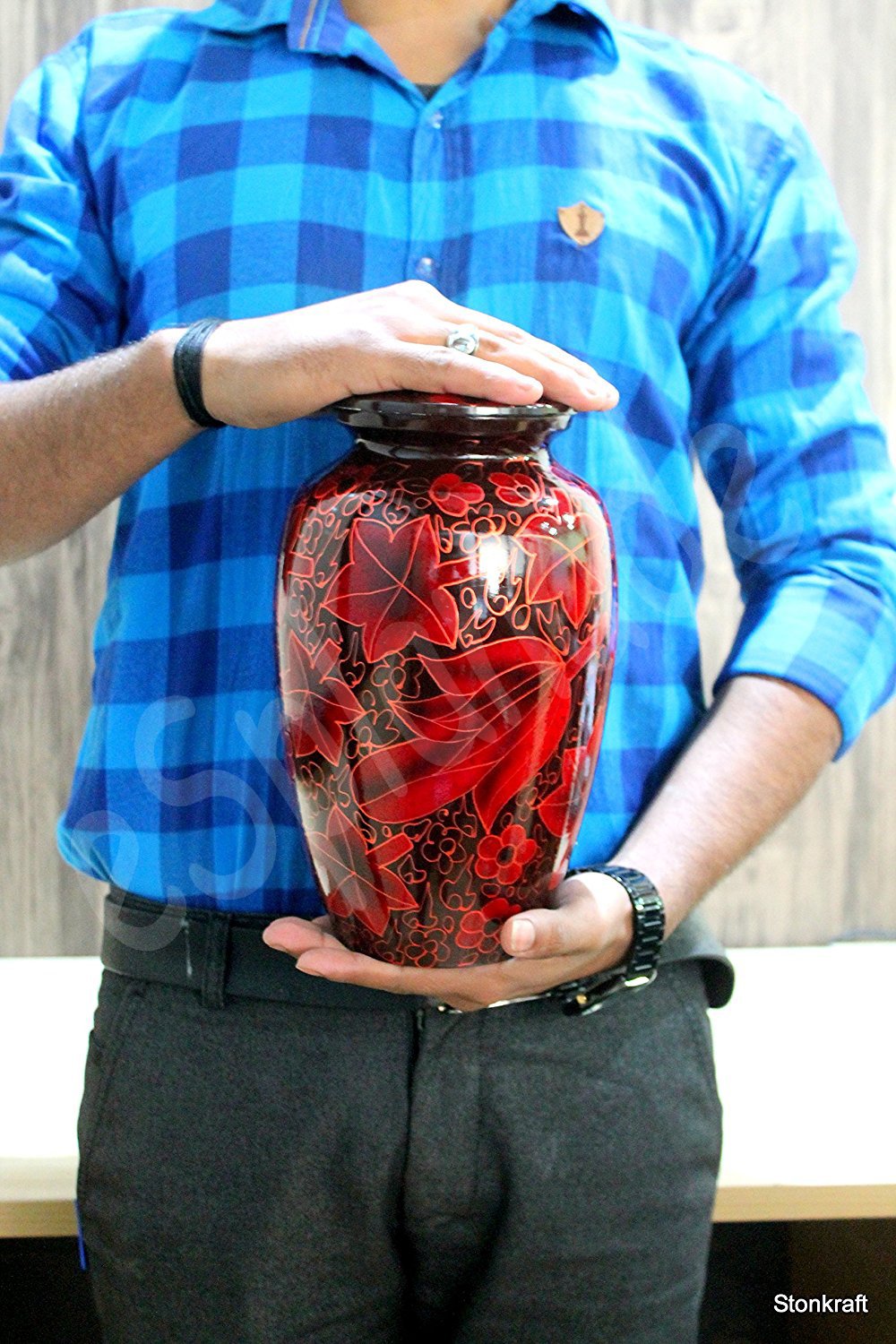 eSplanade Metal Cremation Urn Memorial Jar Pot Container | Full Size Round Shape Urn for Funeral Ashes Burial | Maple Leaves and Flowers Print | Brown - 8" Inches