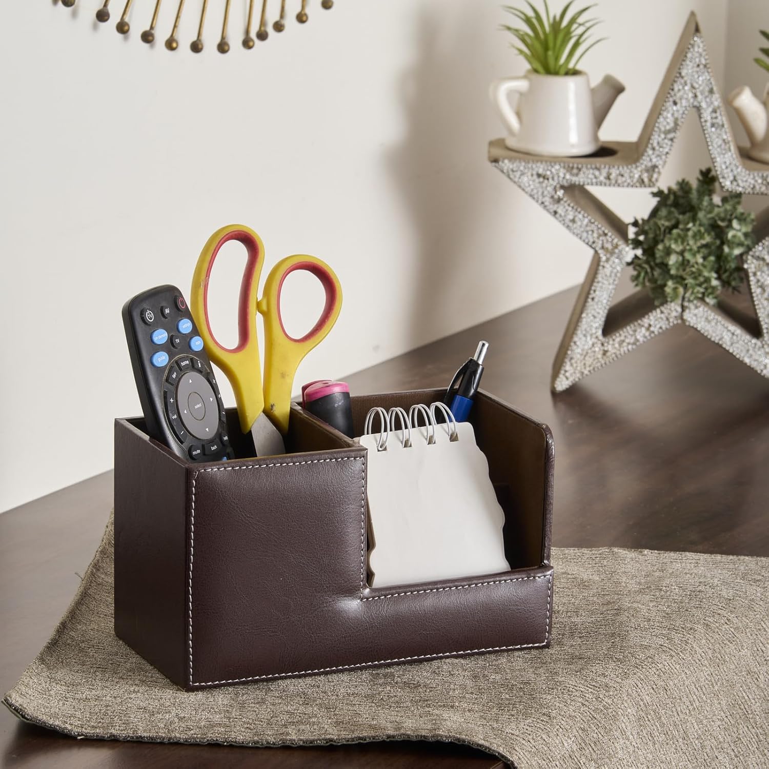 IVEI Faux Leather Pen Stand for Table, Multiple Compartments Desk Organiser Office Table, Slot for Business Cards, Premium Pen Holder, Elegant Office Desk Decorative Items, Stylish Gifts for Men