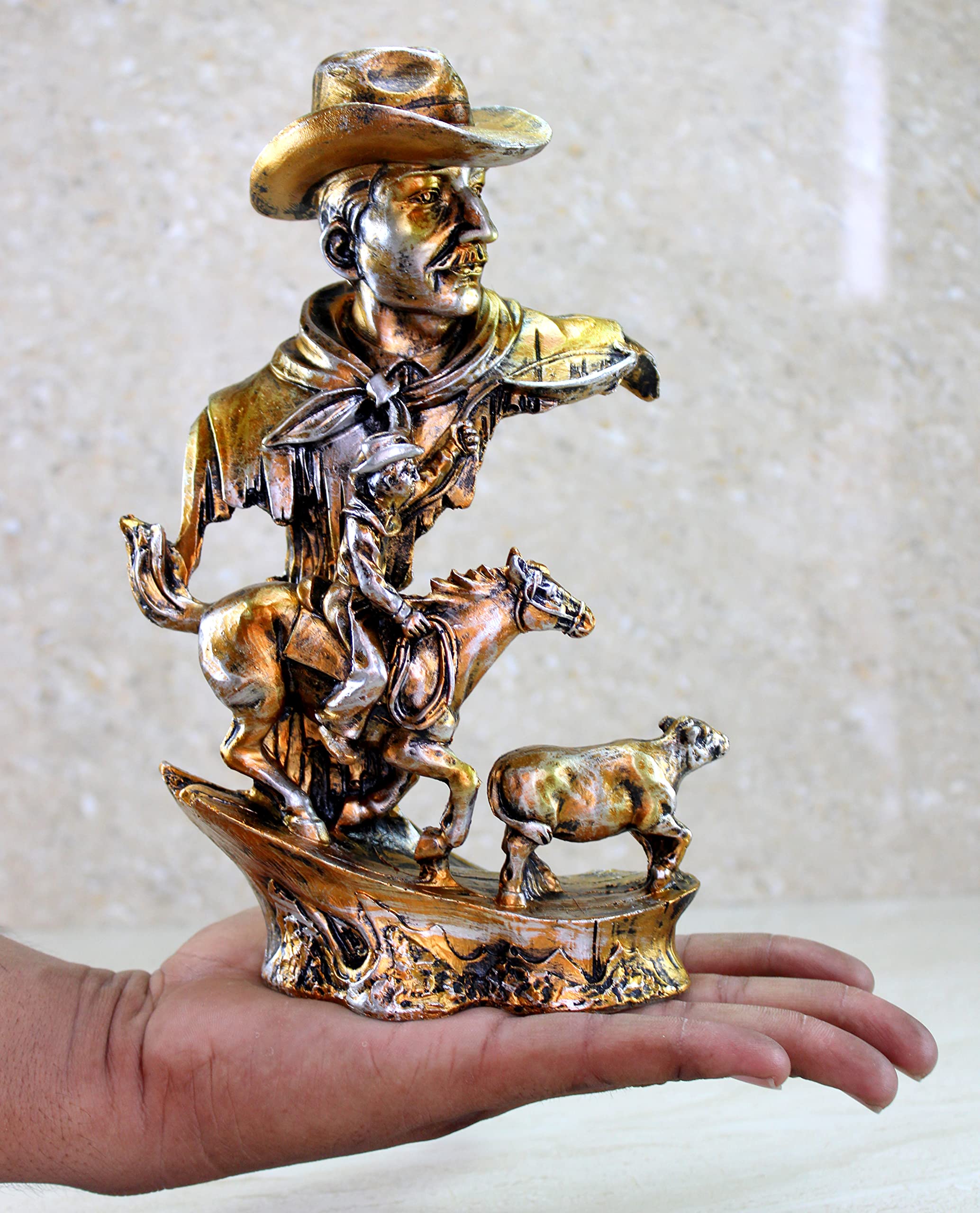 eSplanade Resin Cowboys with Horse, Cow Decorative Sculpture Showpiece Figurine - Home Decor - Grey Brown & Golden Brown- 9" Inches (Height)