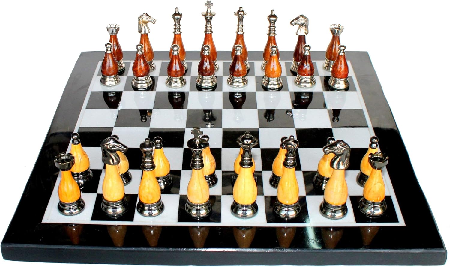 StonKraft Collectible Black & White Marble Chess Board Set + Brass Crafted Chess Pieces Pawns - Decorative Stone Chess - Home Decor - 15" Inches