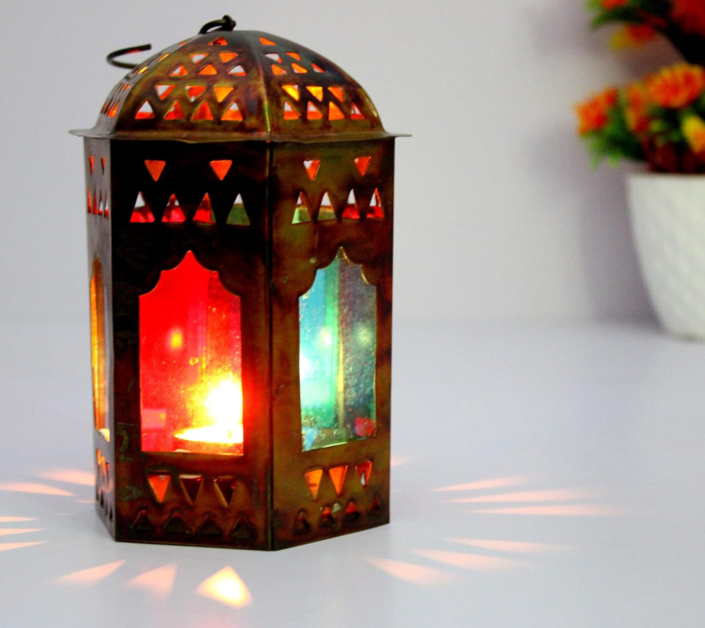 eSplanade Moroccan Lantern | Metal Hanging Lamp with Multi-colour Glass | Tealight Candle Holder - 6" Inches