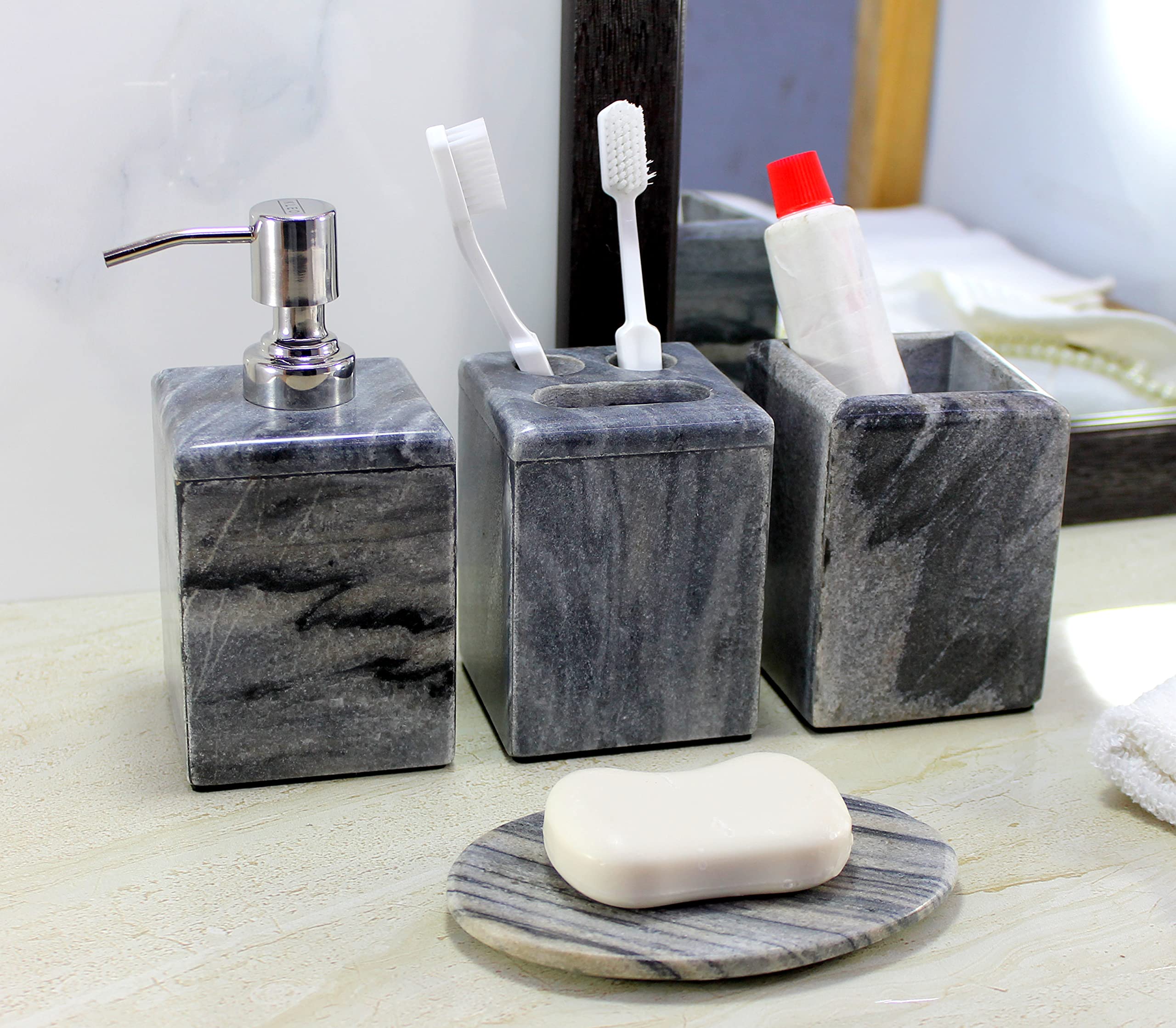 KLEO - Bathroom Accessory Set Made from Natural Stone - Bath Accessories Set of 4 Includes Soap Dispenser, Toothbrush Holder, Tumbler and Soap Dish (Black, Brown)