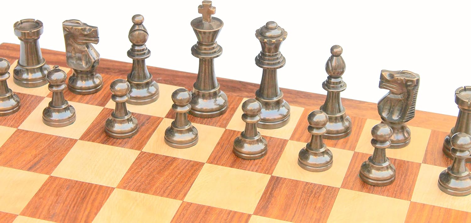 16" X 16? Collectible Acacia Wood Chess Game Board Set+Brass Pieces
