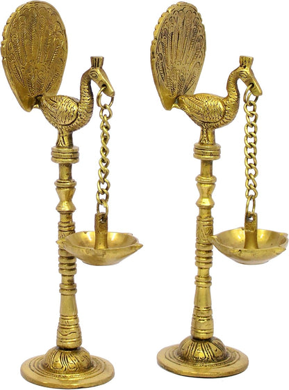 eSplanade Brass Peacock Diya Pair Oil Lamp Diya Deepam Kuthu Vilakku (Set of 2) for Temple Home | Pooja Articles - Home Decor | Golden - 9" Inches