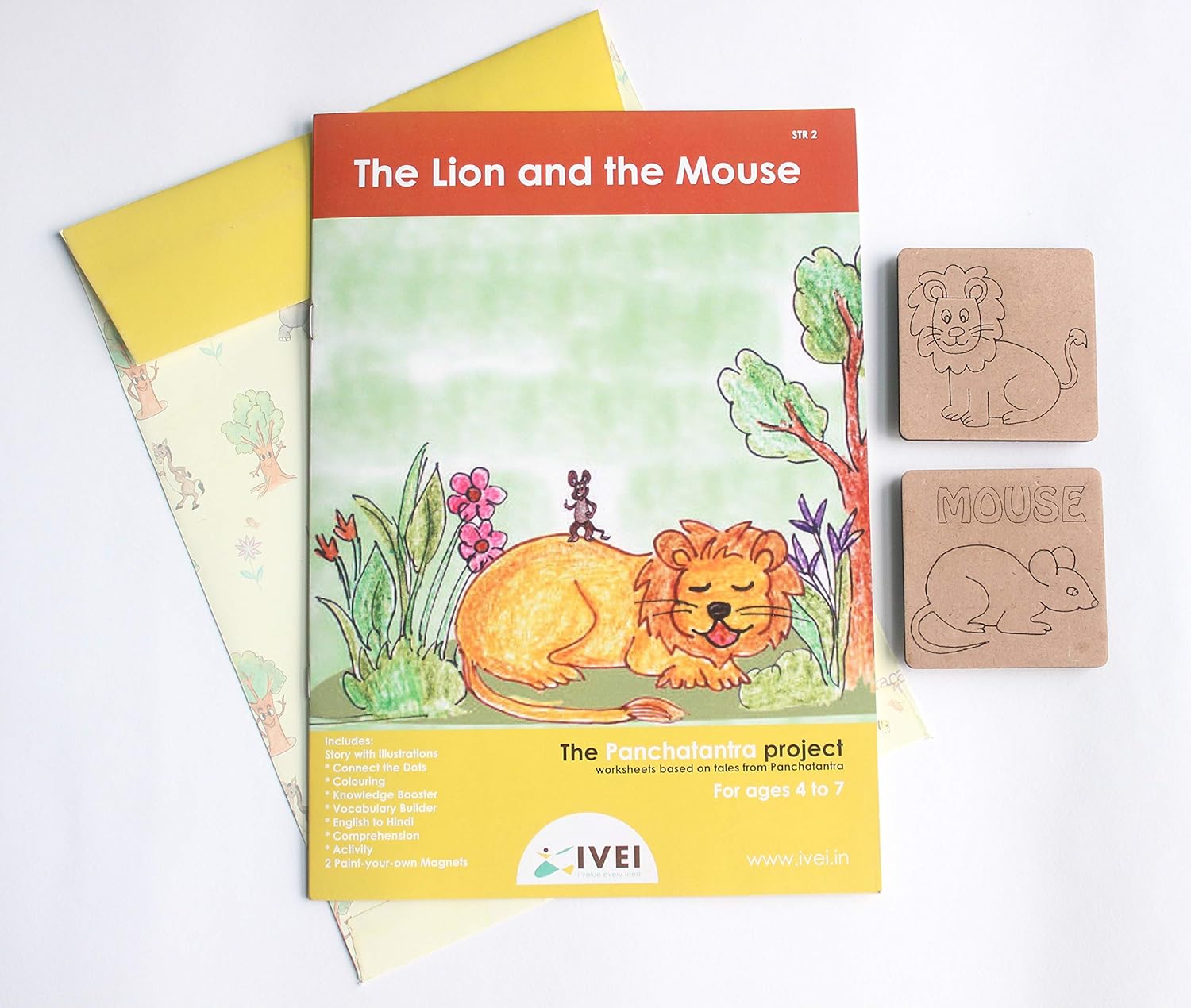 IVEI Panchatantra Kids Learning Book - Workbook and 2 DIY magnets of Panchatantra Story - Colouring Activity Worksheets - Creative Fun Activity and Education For Kids - The Lion and the Mouse ( Age 4 to 7 Years )