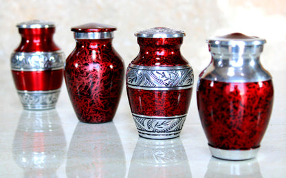 eSplanade Metal Mini Cremation Urn Keepsake Memorial Jar Pot Container - Set of 4 | Small Urns for Funeral Ashes Burial | Engraved and Textured Keepsakes | Red - 3" Inches