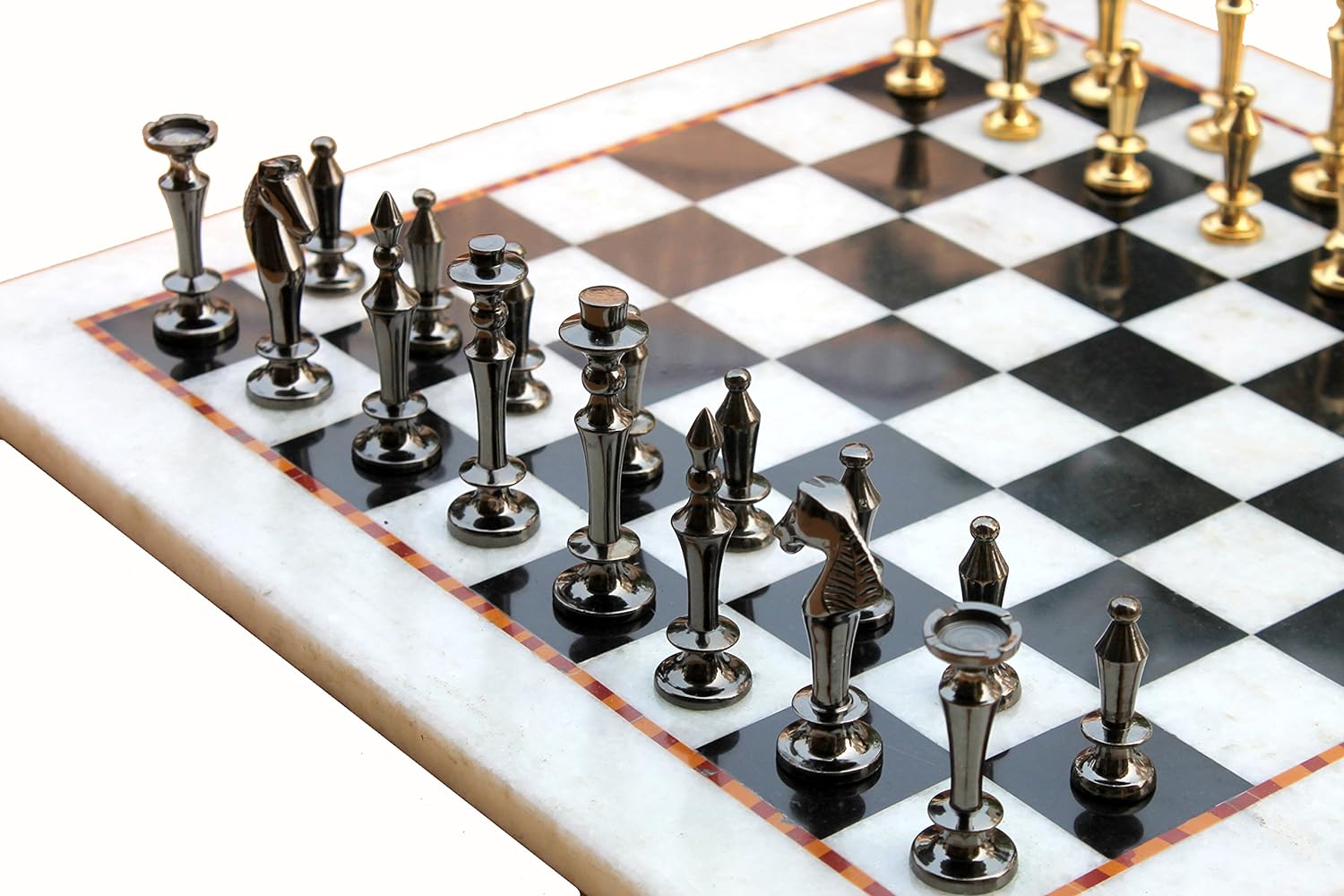 StonKraft Collectible White & Black Marble Chess Board Set + Brass Chess Pieces Pawns - Decorative Stone Chess - Home Decor - 15" Inches