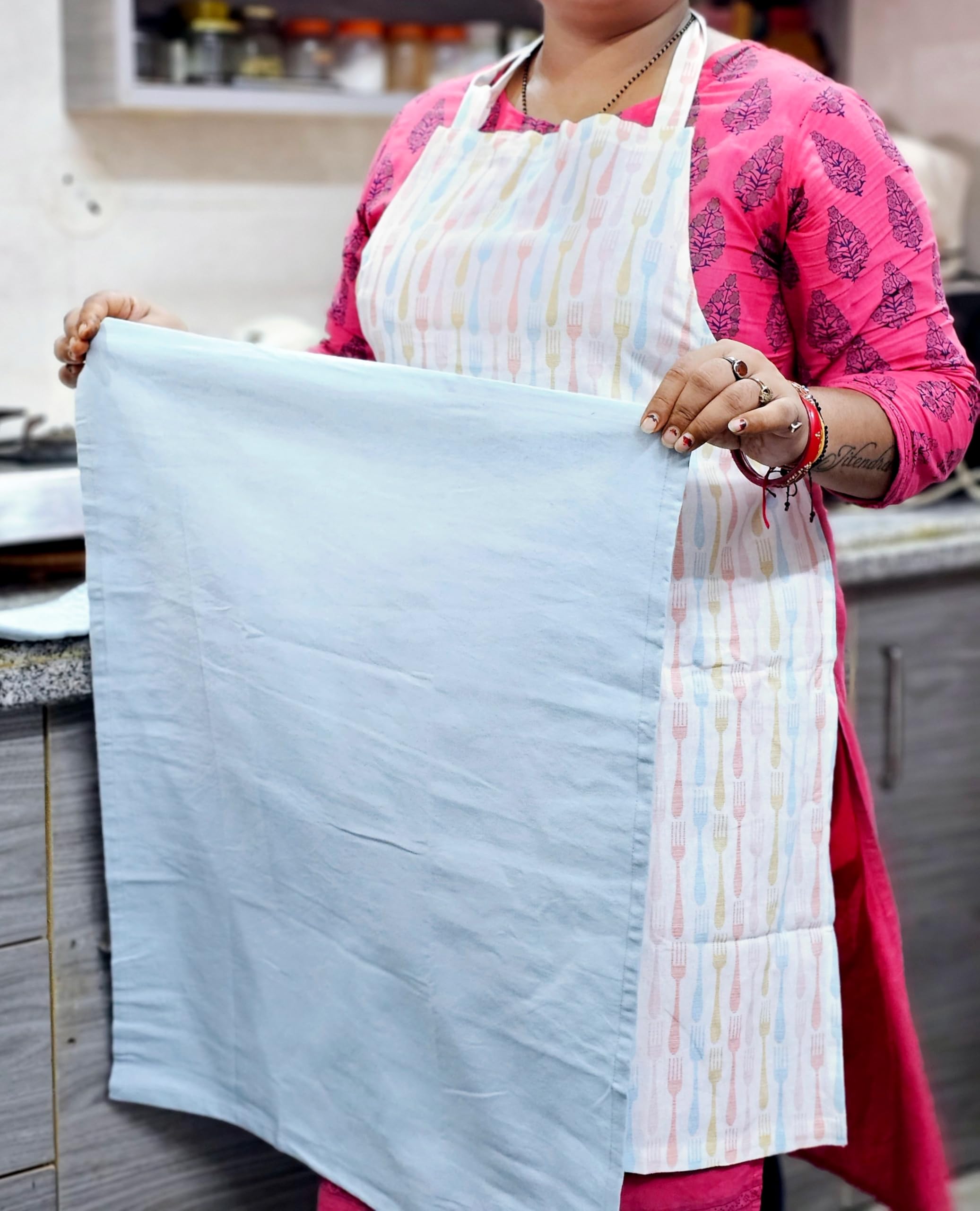 Essential Kitchen Cotton Apron Set - Apron, Padded Pot Holder/Coaster, and a Cotton Kitchen Towel | Lightweight