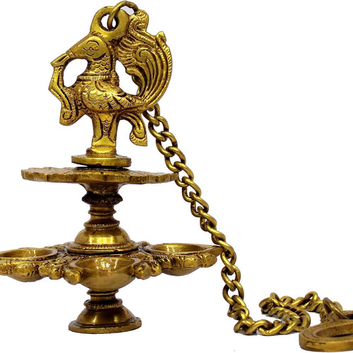 eSplanade Brass Peacock Design 4 Oil Wick Diya Deepam Kuthu Vilakku Oil Lamp for Temple Home | Pooja Articles - Home Decor | Golden - 6