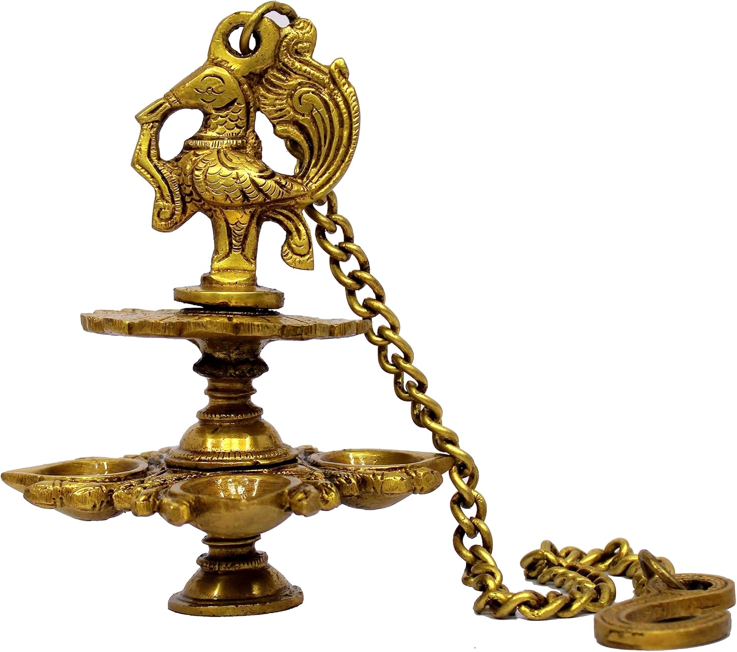 eSplanade Brass Peacock Design 4 Oil Wick Diya Deepam Kuthu Vilakku Oil Lamp for Temple Home | Pooja Articles - Home Decor | Golden - 6" Inches