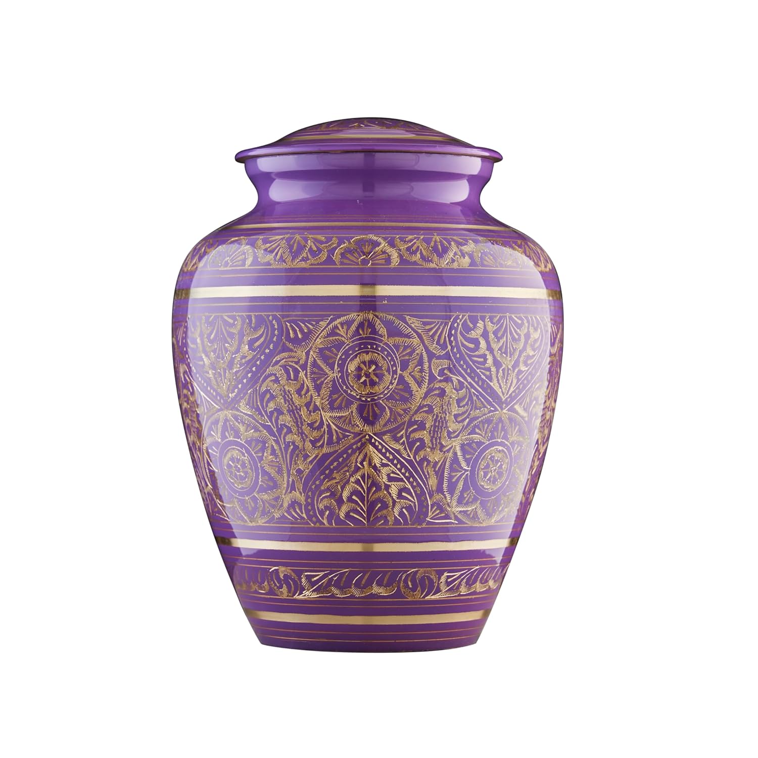 Esplanade Brass Urn for Ashes Adult Male Female – 8.5" Cremation Urn for Human Ashes, Full Size Large Urn, Engraved Geometric Floral Purple Colour, Funeral Vase with Velvet Bag - for 65kg Adult