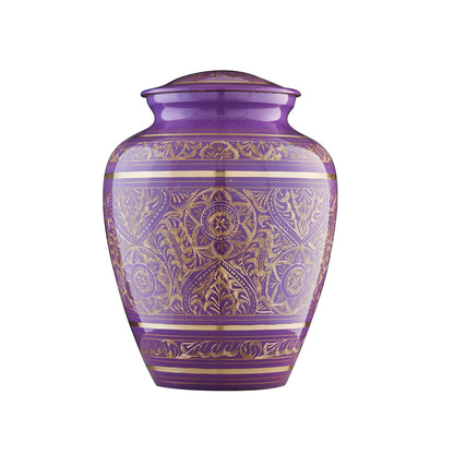 Esplanade Brass Urn for Ashes Adult Male Female – 8.5" Cremation Urn for Human Ashes, Full Size Large Urn, Engraved Geometric Floral Purple Colour, Funeral Vase with Velvet Bag - for 65kg Adult