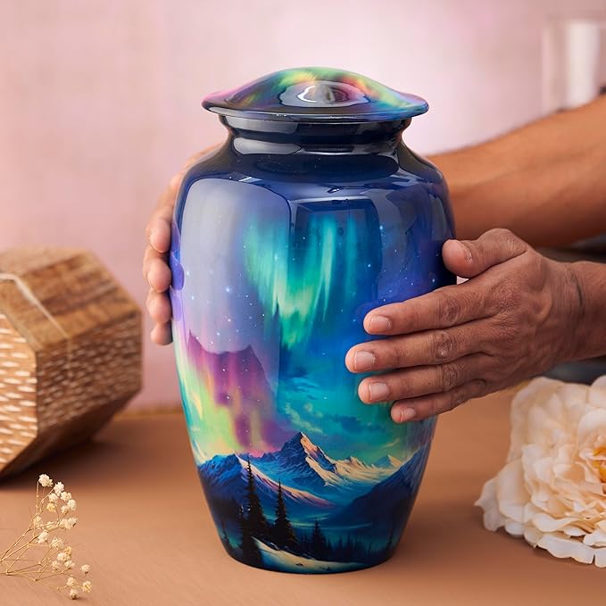Esplanade Metal Urn for Ashes Adult Male Female – 10" Cremation Urn for Human Ashes, Full Size Large Urn, Aurora Northern Lights Forest Blue Colour, Funeral Vase with Velvet Bag - for 80kg Adult