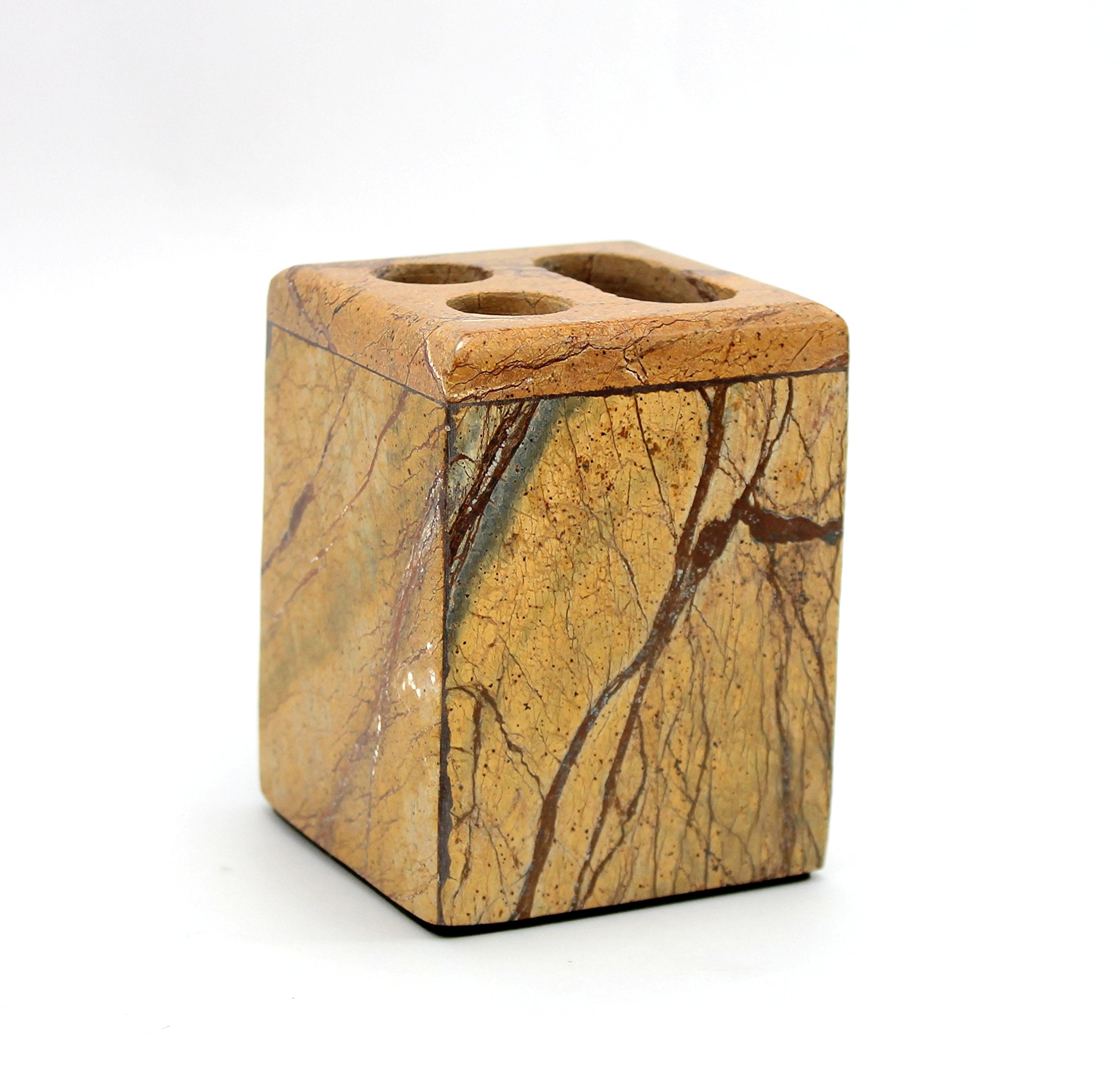 KLEO - Bathroom Accessory Set Made from Natural Stone - Bath Accessories Set of 4 Includes Soap Dispenser, Toothbrush Holder, Tumbler and Soap Dish (Black, Brown)