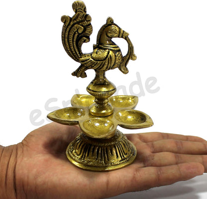 eSplanade - 5" Peacock Lotus Shaped Round Brass Diya | Oil Lamp | Home Decor | Brass Diya | Brass Deepam | Brass Lamps | Kuthu Vilakku | Oil Lamps for Home and Office