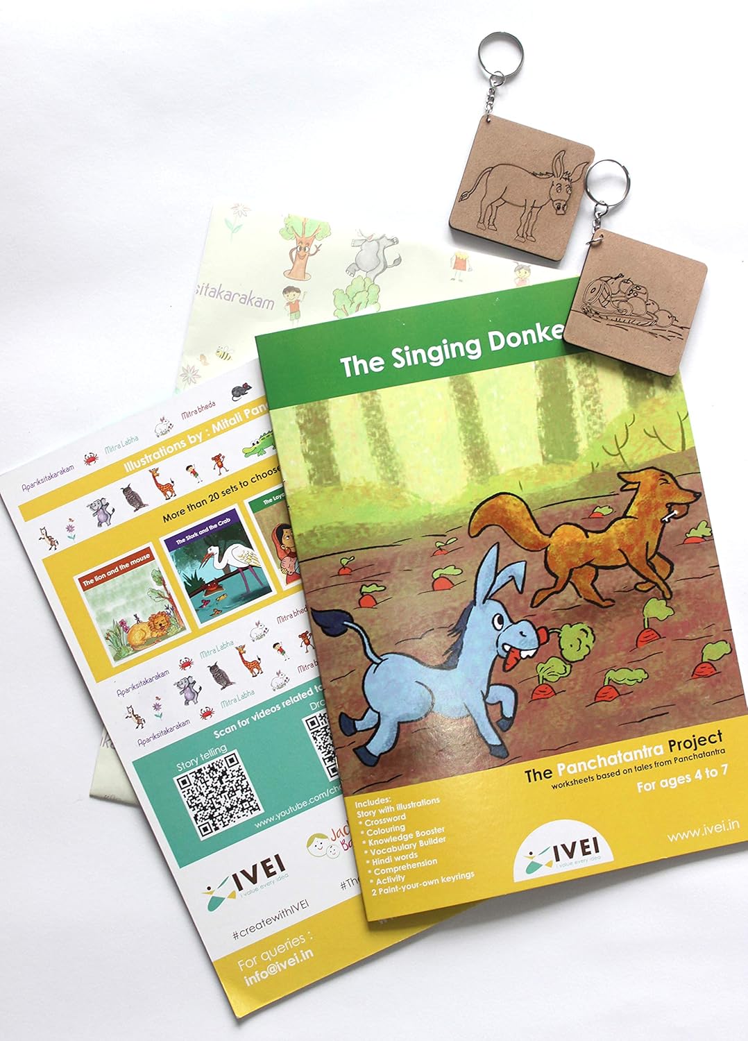 IVEI Panchatantra Kids Learning Book - Workbook and 2 DIY Keychains of Panchatantra Story - Colouring Activity Worksheets - Creative Fun Activity and Education For Kids - The Singing Donkey ( Age 4 to 7 Years )