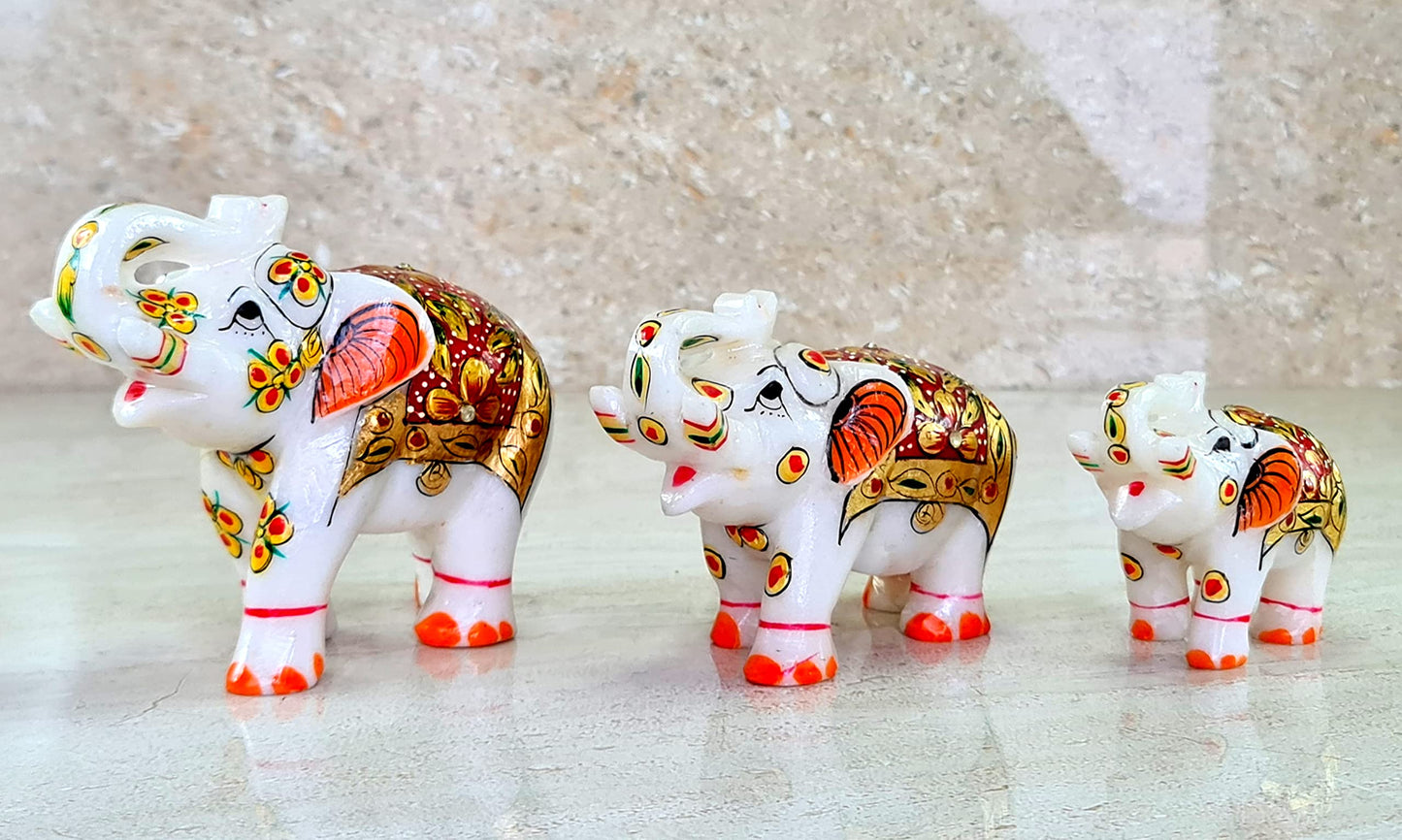 eSplanade Marble Elephant Family - Set of 2 - Sculpture Showpiece Figurines - Home Decor - White Multi - 5" Inches