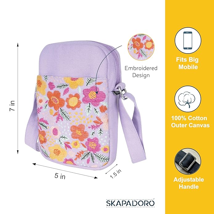 SKAPADORO Canvas Mobile Cross Body Sling Bag for Girls Women,100% Cotton, Embroidery, Zip Closure, Pocket, Adjustable Strap, Compact Everyday Bag - Flowers (Lilac)