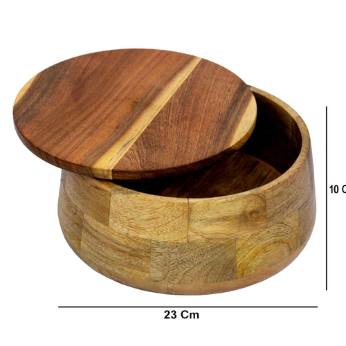 KLEO Wooden Casserole with Lid, Bread Basket for Roti, Hot, Masala Box - Serving Bowl for Kitchen and Home, Accessory and Jewellery Box | 23 x 23 × 10 cm | Handcrafted in India