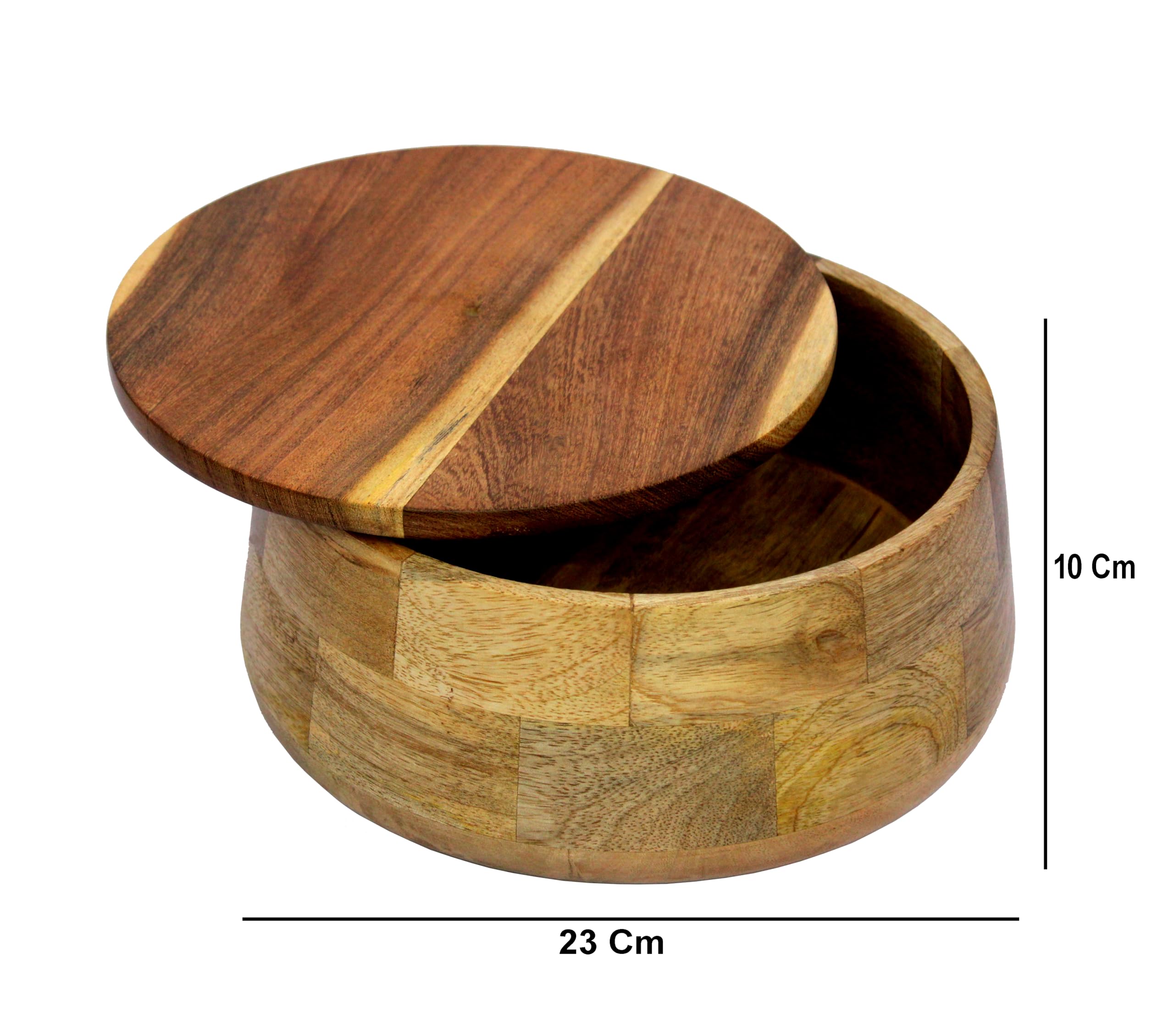 KLEO Wooden Casserole with Lid, Bread Basket for Roti, Hot, Masala Box - Serving Bowl for Kitchen and Home, Accessory and Jewellery Box | 23 x 23 × 10 cm | Handcrafted in India