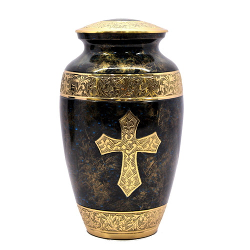 eSplanade Brass Cremation Urn Memorial Jar Pot Container | Full Size Urn for Funeral Ashes Burial | Holy Cross Printed Urn | Black - 10