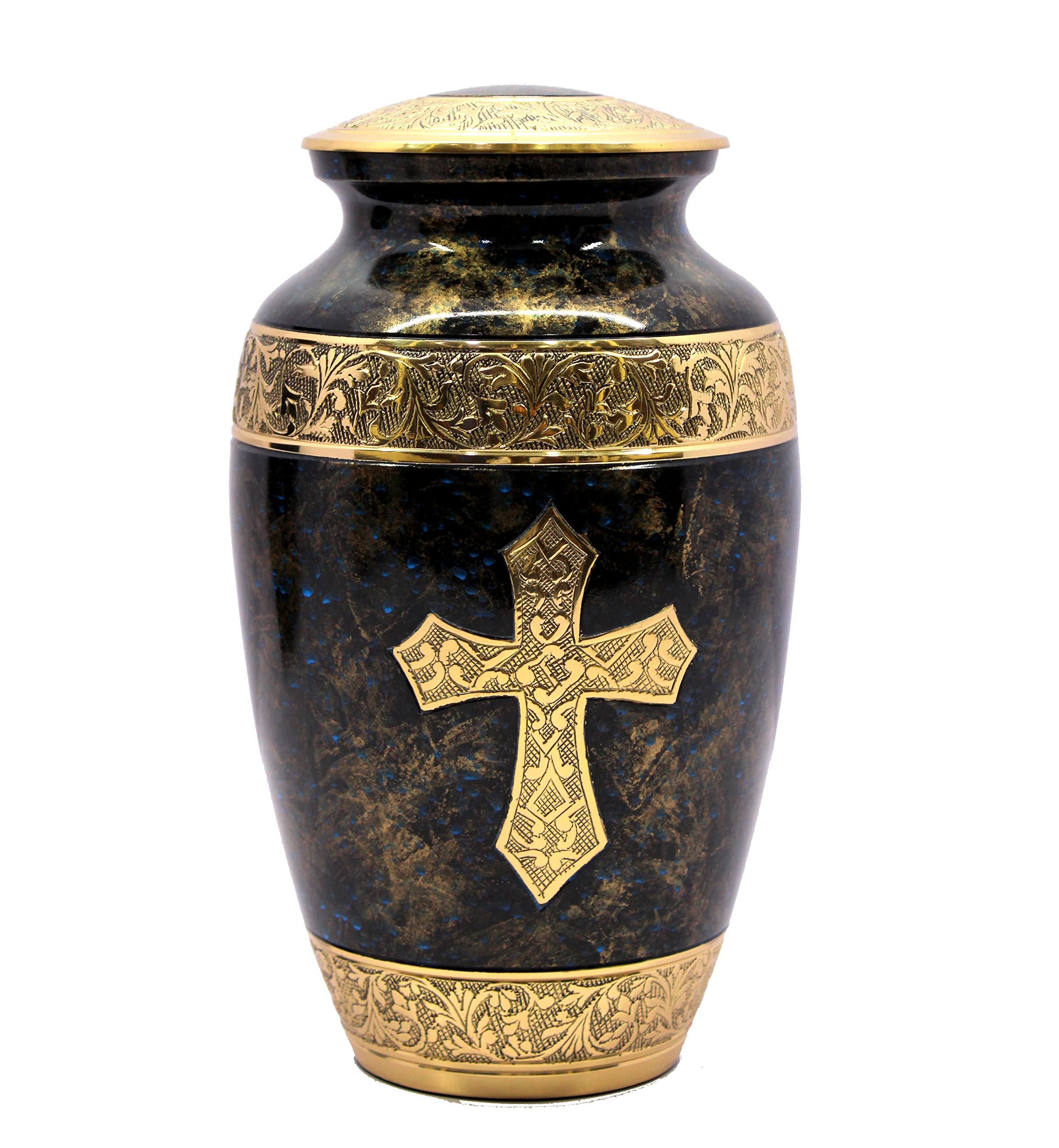 eSplanade Brass Cremation Urn Memorial Jar Pot Container | Full Size Urn for Funeral Ashes Burial | Holy Cross Printed Urn | Black - 10" Inches