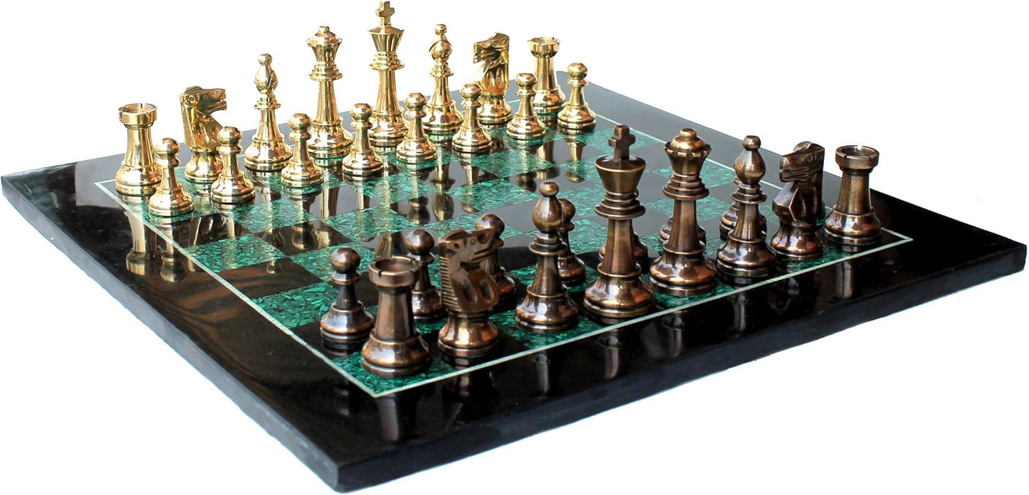 StonKraft Collectible Black Marble and Malachite Stone Chess Board Set + Brass Chess Pieces Pawns - Decorative Stone Chess - Home DŽcor - 15" Inches