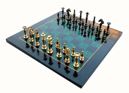 StonKraft Collectible Black Marble and Malachite Stone Chess Board Set + Brass Chess Pieces - Decorative Stone Chess - Home DŽcor - 15" Inches