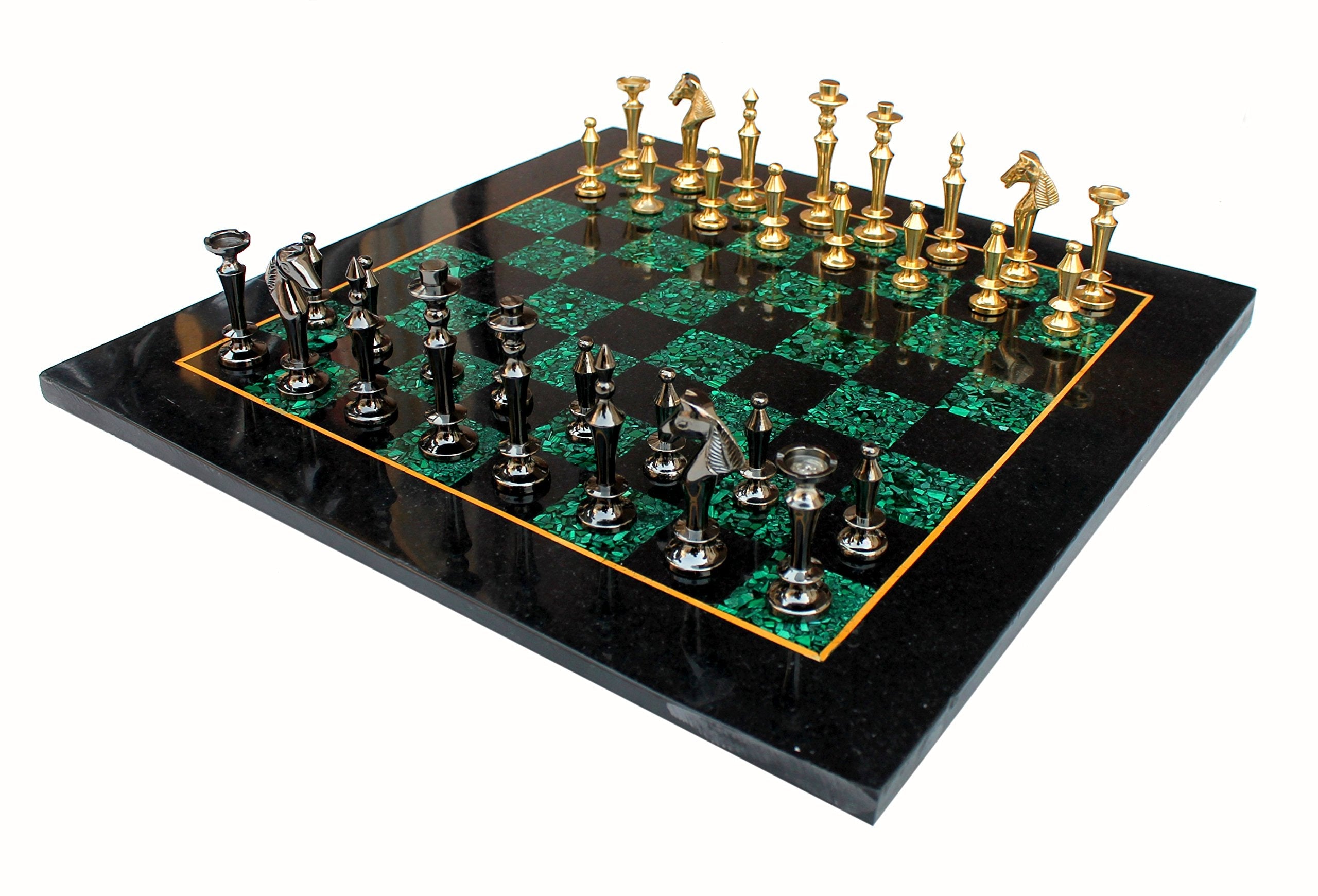 StonKraft Collectible Black Marble and Malachite Chess Board Set + Wooden Brass Combo Chess Pieces - Decorative Stone Chess - Home Decor