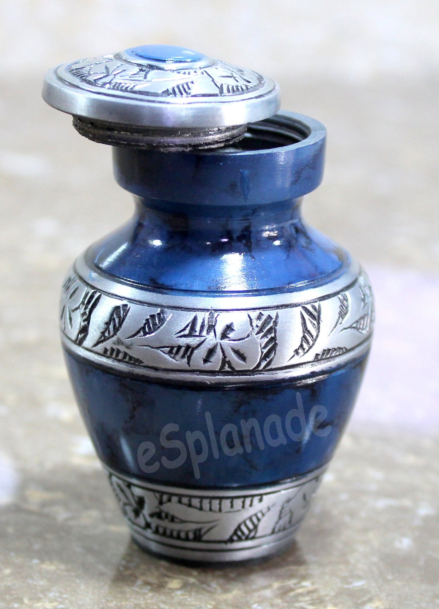 eSplanade Mini Cremation Urn Keepsake Memorial Jar Pot Container | Small Urn for Funeral Ashes Burial | Engraved Metal Keepsake | Navy Blue - 4.5" Inches