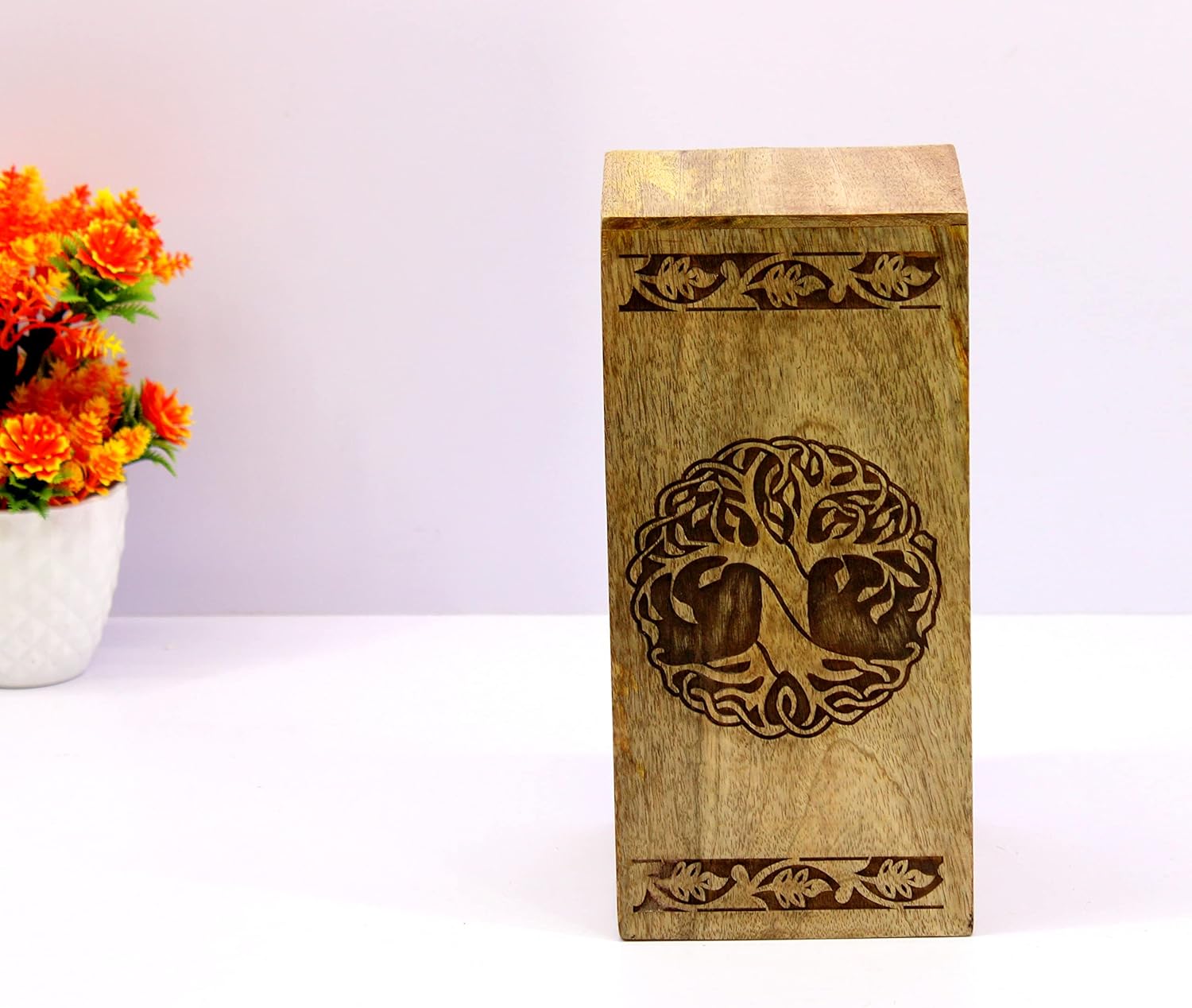 eSplanade Wooden Cremation Urn Memorial Jar Pot Container | Full Size Urn for Funeral Ashes Burial | Tree of Life Engraved Wooden Urn | Beige & Brown- 10" Inches