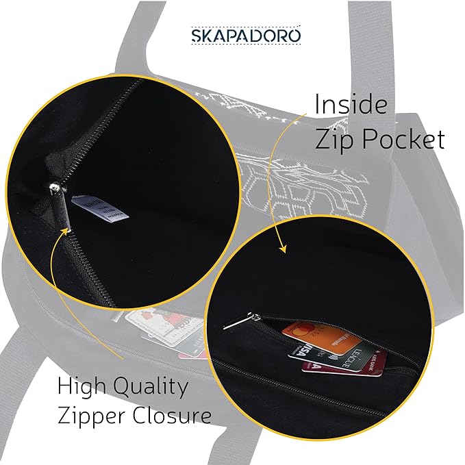 SKAPADORO Canvas Big Zip Handbag Tote,100% Cotton, Inner pocket, Unisex Embroidered Comfortable Bag for Travel Office Beach Shopping, Easy to Wash Trendy Everyday Shoulder Bag