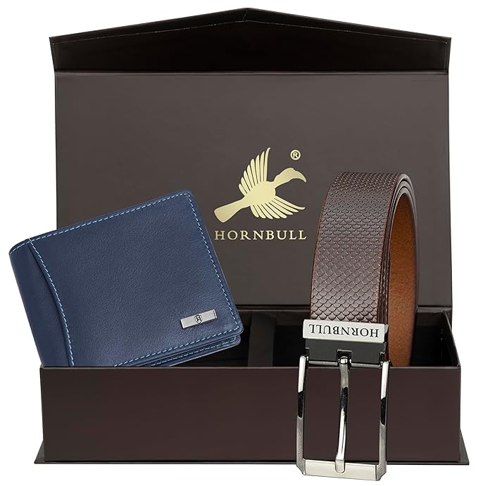HORNBULL Gift Hamper for Men | Navy Wallet and Brown Belt Mens Combo Gift Set | Leather Wallets for Men | Men's Wallet BW69181
