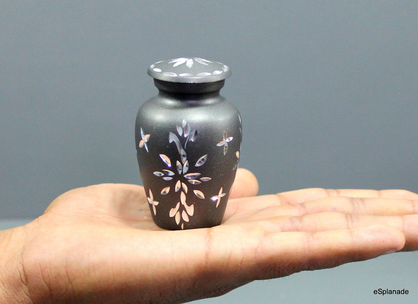 eSplanade Metal Mini Cremation Urn Keepsake Memorial Jar Pot Container | Small Urn for Funeral Ashes Burial | Etched Pattern Metal Keepsake | Grey - 3" Inches